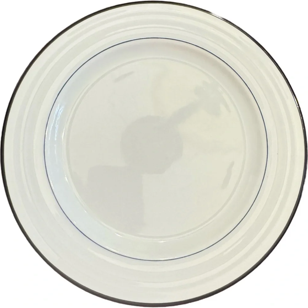Lot of 2 Crate & Barrel Spal Porcelain Roulette Blue Trim 10 5/8” Dinner Plate